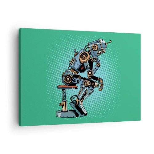 Obraz na płótnie - Robot myśliciel w stylu pop-art na zielonym tle - 70x50cm - Nad istotą bytu - Nowoczesna dekoracja ścienna do salonu i sypialni ARTTOR