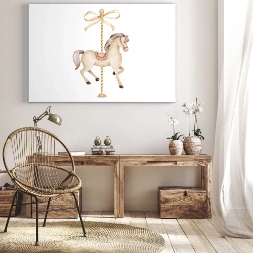 Obraz na płótnie - Wdzięcznym kłusem - Koń karuzelowy z kokardą w delikatnych pastelach - 70x50cm