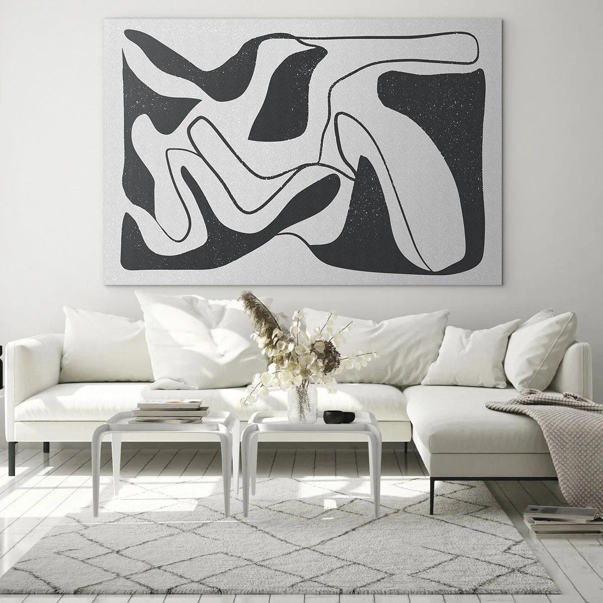 Obraz na szkle - Czarno-białe abstrakcyjne kształty przypominające labirynt - 70x50cm - Abstrakcyjna zabawa w labiryncie - Nowoczesna dekoracja ścienna do salonu i sypialni ARTTOR