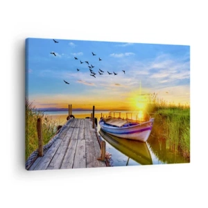 Obraz na płótnie - Łódka przy drewnianym pomoście o zachodzie słońca - 70x50cm - Do widzenia, do jutra - Nowoczesna dekoracja ścienna do salonu i sypialni ARTTOR