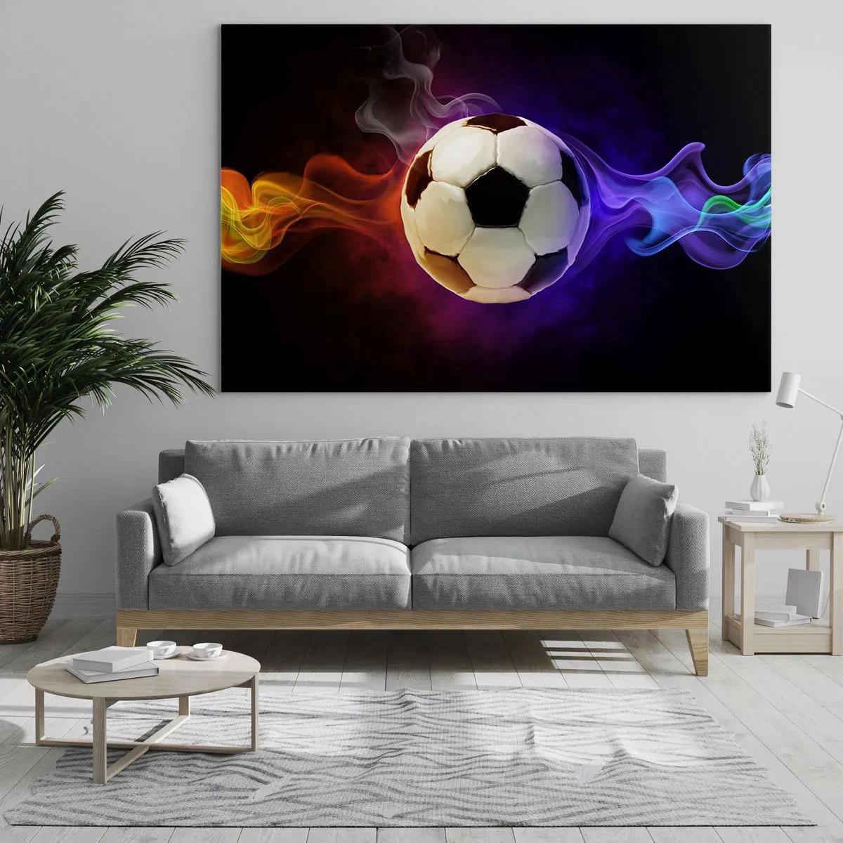 Obraz na szkle - Piłka nożna otoczona kolorowymi smugami - 100x70cm - Magiczna moc gry - Nowoczesna dekoracja ścienna do salonu, kuchni i sypialni ARTTOR
