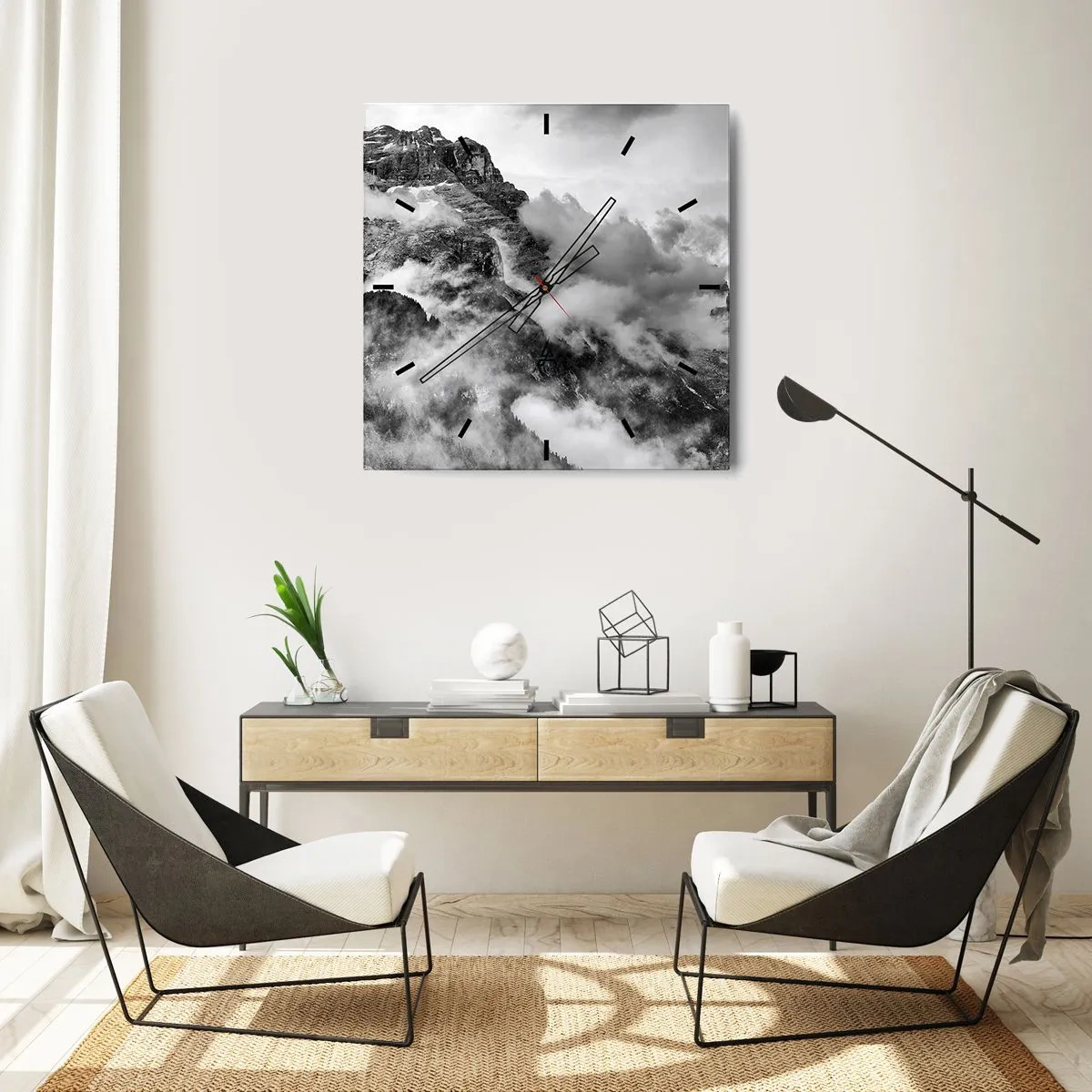 Zegar ścienny - Czarno-biały widok gór otoczonych chmurami - 30x30cm - Piękne i okrutne - Nowoczesna dekoracja ścienna do salonu i sypialni ARTTOR