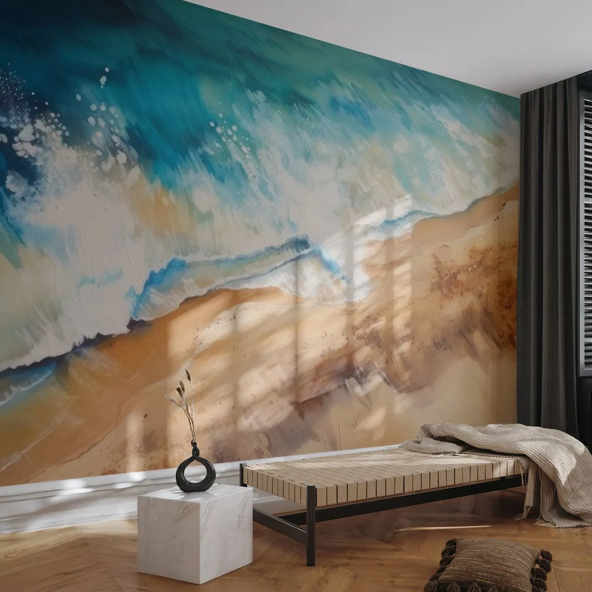 Fototapeta Premium Sand - Morskie fale rozbijające się o piasek na słonecznej plaży - 100x70cm - Powracająca fala - Nowoczesna dekoracja ścienna do salonu, kuchni i sypialni ARTTOR