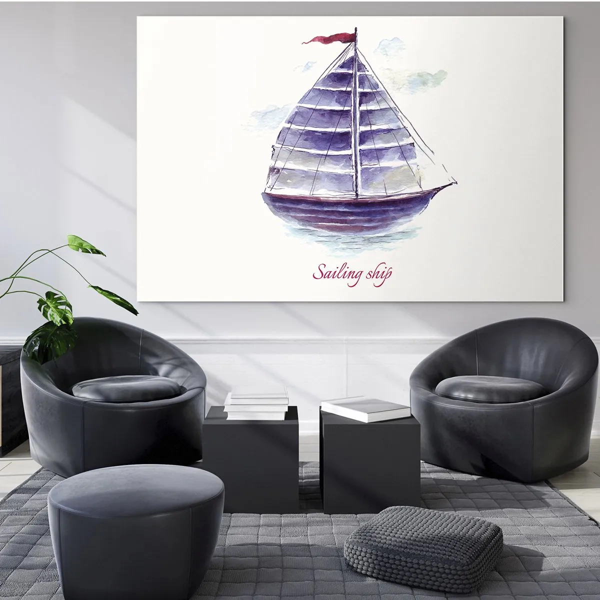 Obraz na szkle - Akwarelowy żaglowiec z napisem Sailing ship - 70x50cm - Pełnych żagli i spokojnej wody - Nowoczesna dekoracja ścienna do salonu i sypialni ARTTOR