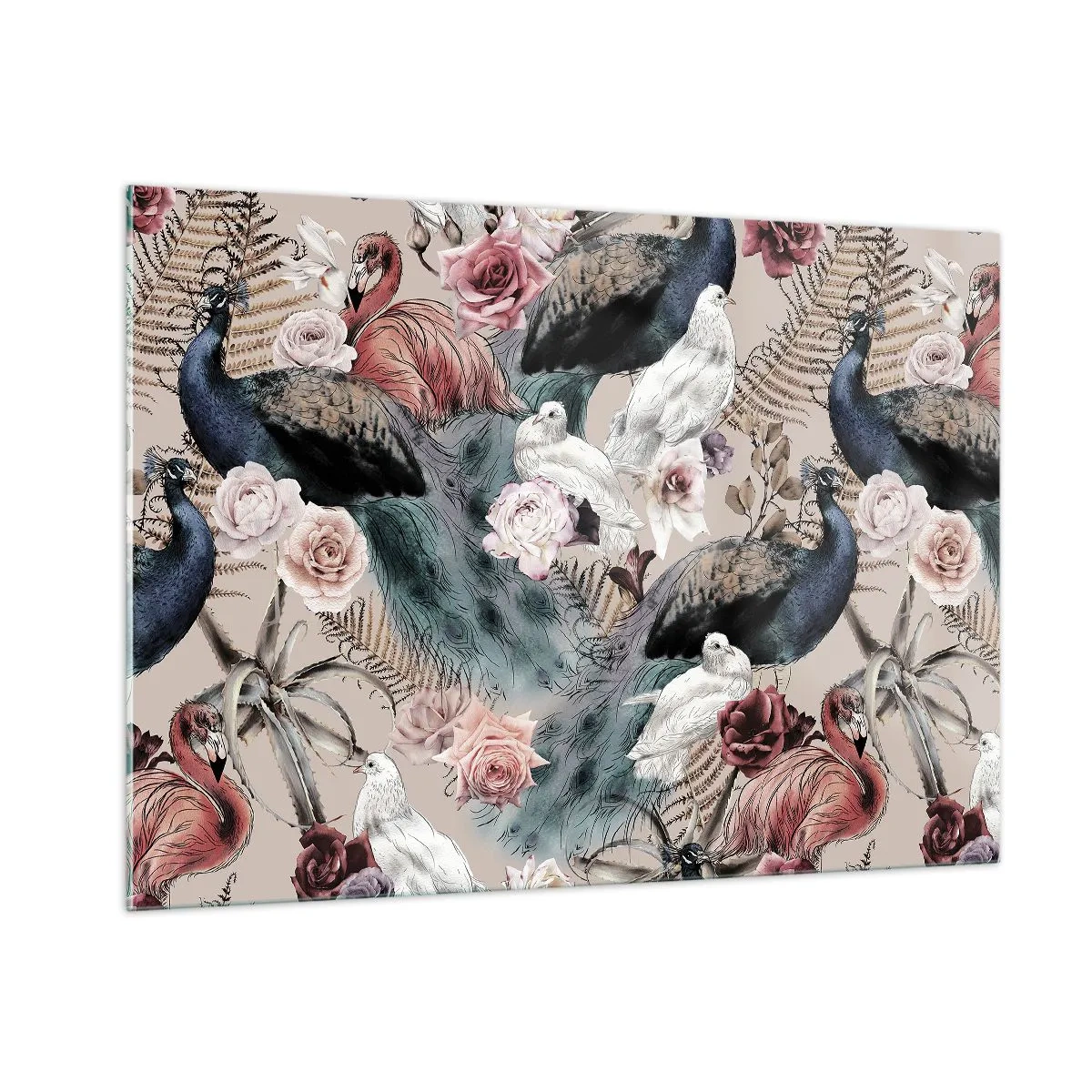 Obraz na szkle - Pawie i flamingi w otoczeniu róż i paproci - 100x70cm - W pałacowym ogrodzie - Nowoczesna dekoracja ścienna do salonu, kuchni i sypialni ARTTOR