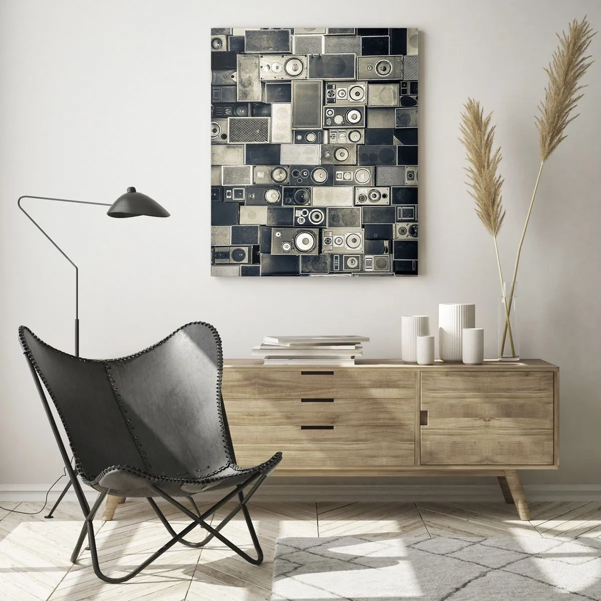 Obraz na szkle - Kompozycja retro głośników w odcieniach szarości - 50x70cm - I wszystko gra - Nowoczesna dekoracja ścienna do salonu, kuchni i sypialni ARTTOR