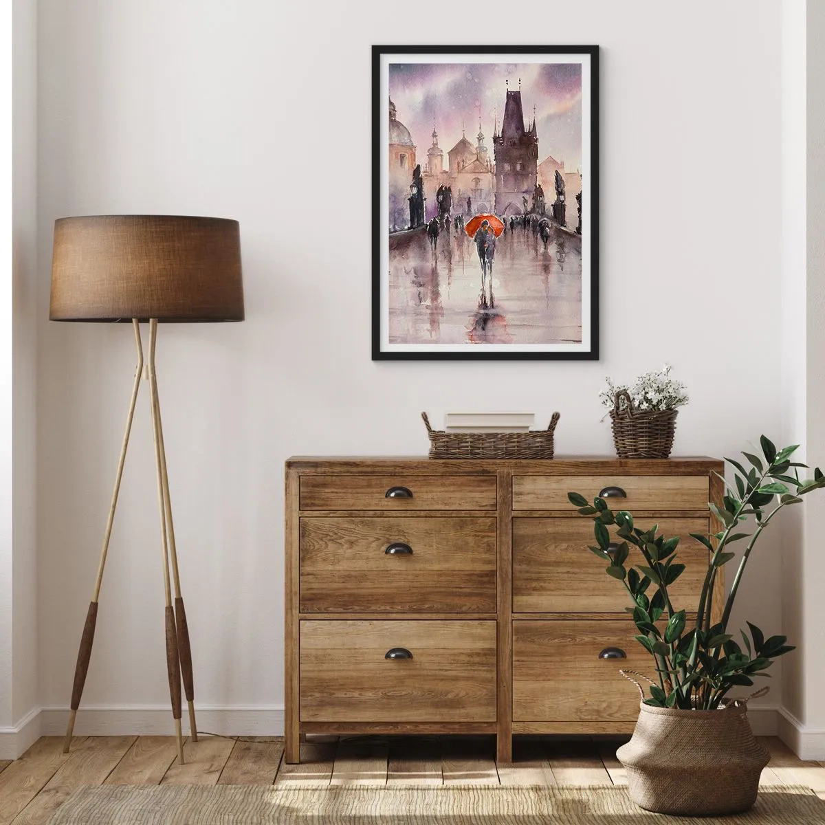 Plakat w czarnej ramie - Romantyczny spacer po moście w deszczowy dzień - 50x70cm - Ludzie się nie zmieniają - Nowoczesna dekoracja ścienna do salonu i sypialni ARTTOR