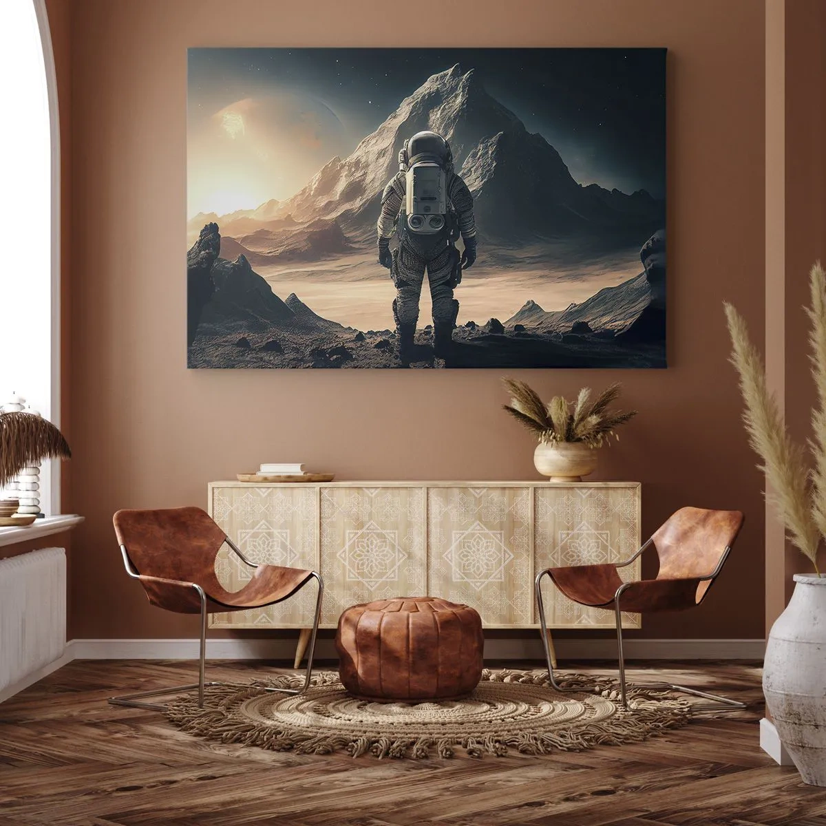 Obraz na płótnie - Astronauta na tle majestatycznych gór - 70x50cm - Nowe wyzwanie - Nowoczesna dekoracja ścienna do salonu i sypialni ARTTOR