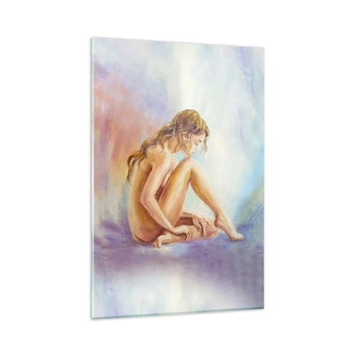 Obraz na szkle - Delikatna postać kobiety na pastelowym tle - 80x120cm - Akt młodości - Nowoczesna dekoracja ścienna do salonu i sypialni ARTTOR