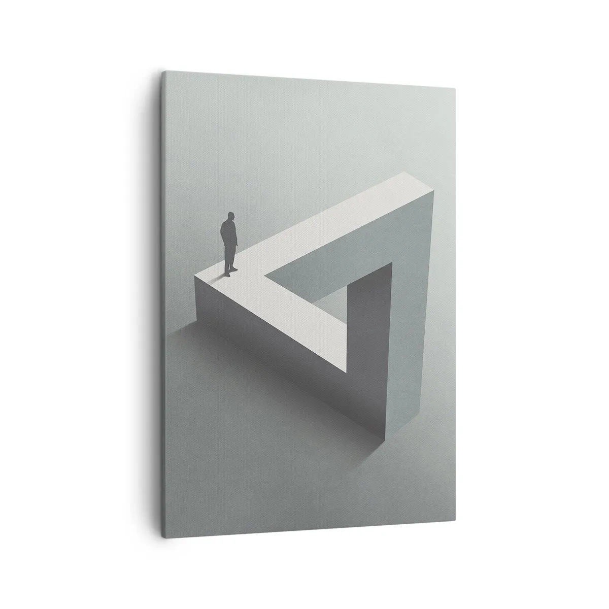 Obraz na płótnie - Sylwetka mężczyzny stojącego na niemożliwej konstrukcji optycznej - 50x70cm - A jednak możliwe - Nowoczesna dekoracja ścienna do salonu, kuchni i sypialni ARTTOR