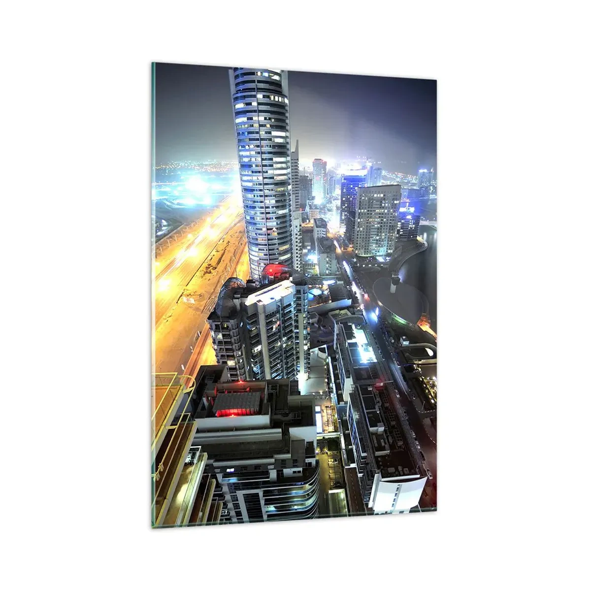 Obraz na szkle - Panorama nocnego miasta z oświetlonymi drapaczami chmur - 80x120cm - Cud na pustyni - Nowoczesna dekoracja ścienna do salonu i sypialni ARTTOR