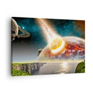 Obraz na płótnie - Zderzenie meteorytu z planetą w kosmicznym krajobrazie - 70x50cm - Kosmiczny dramat - Nowoczesna dekoracja ścienna do salonu i sypialni ARTTOR