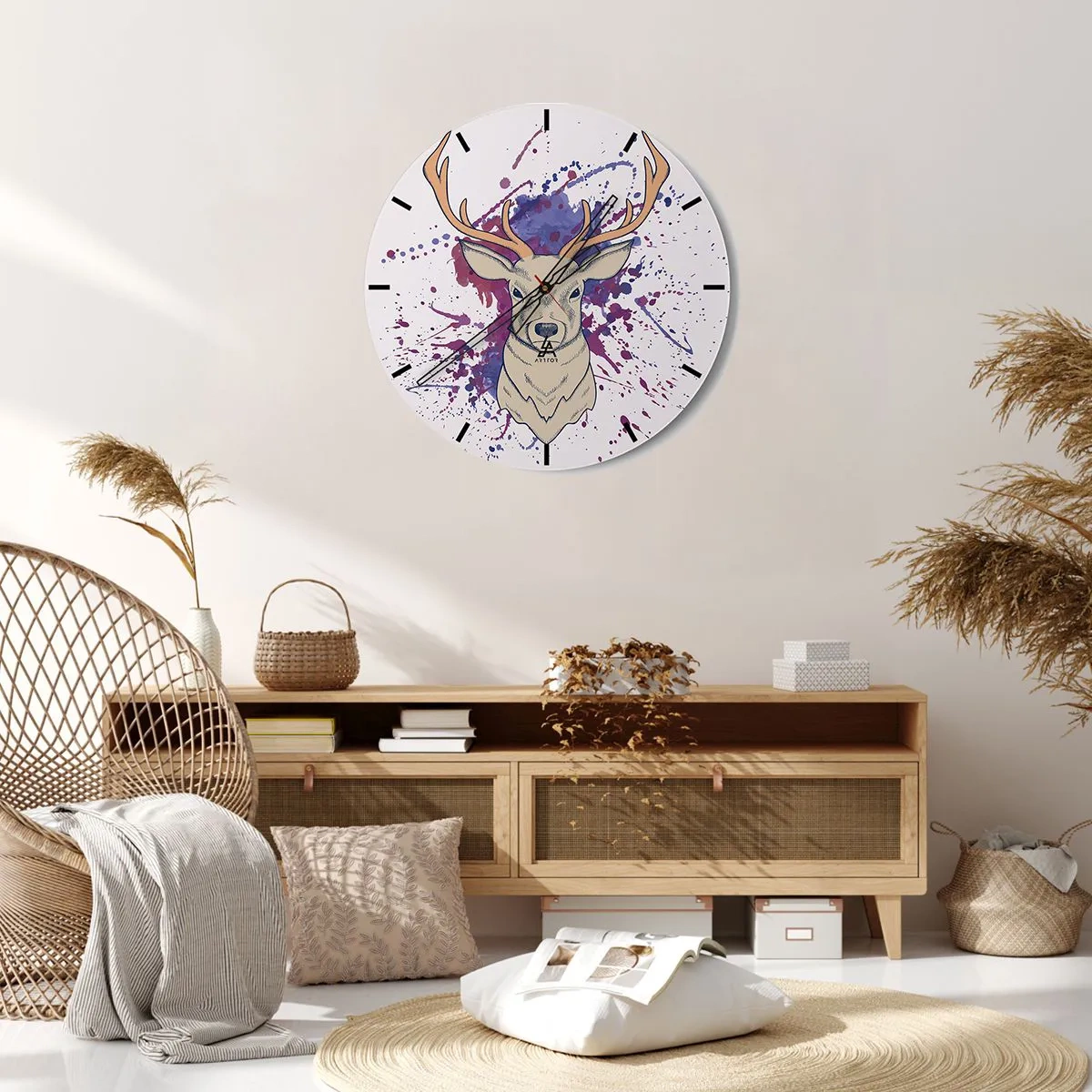 Zegar ścienny - Ilustracja jelenia na tle abstrakcyjnych kolorowych plam - 30x30cm - Odwaga i równowaga - Nowoczesna dekoracja ścienna do salonu, kuchni i sypialni ARTTOR