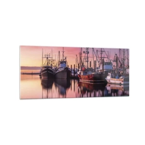Obraz na szkle - Łodzie rybackie w porcie o zachodzie słońca - 120x50cm - Przed kolejnym dniem - Nowoczesna dekoracja ścienna do salonu i sypialni ARTTOR