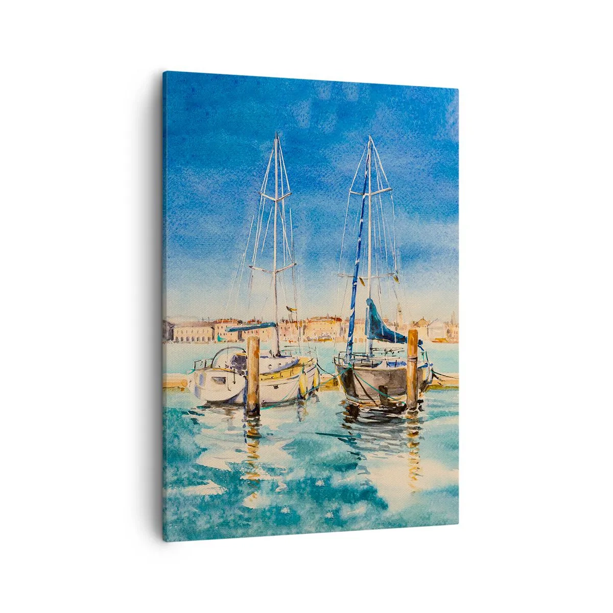 Obraz na płótnie - Akwarelowy pejzaż przystani z żaglówkami na tle miasta - 50x70cm - Słoneczna laguna - Nowoczesna dekoracja ścienna do salonu, kuchni i sypialni ARTTOR