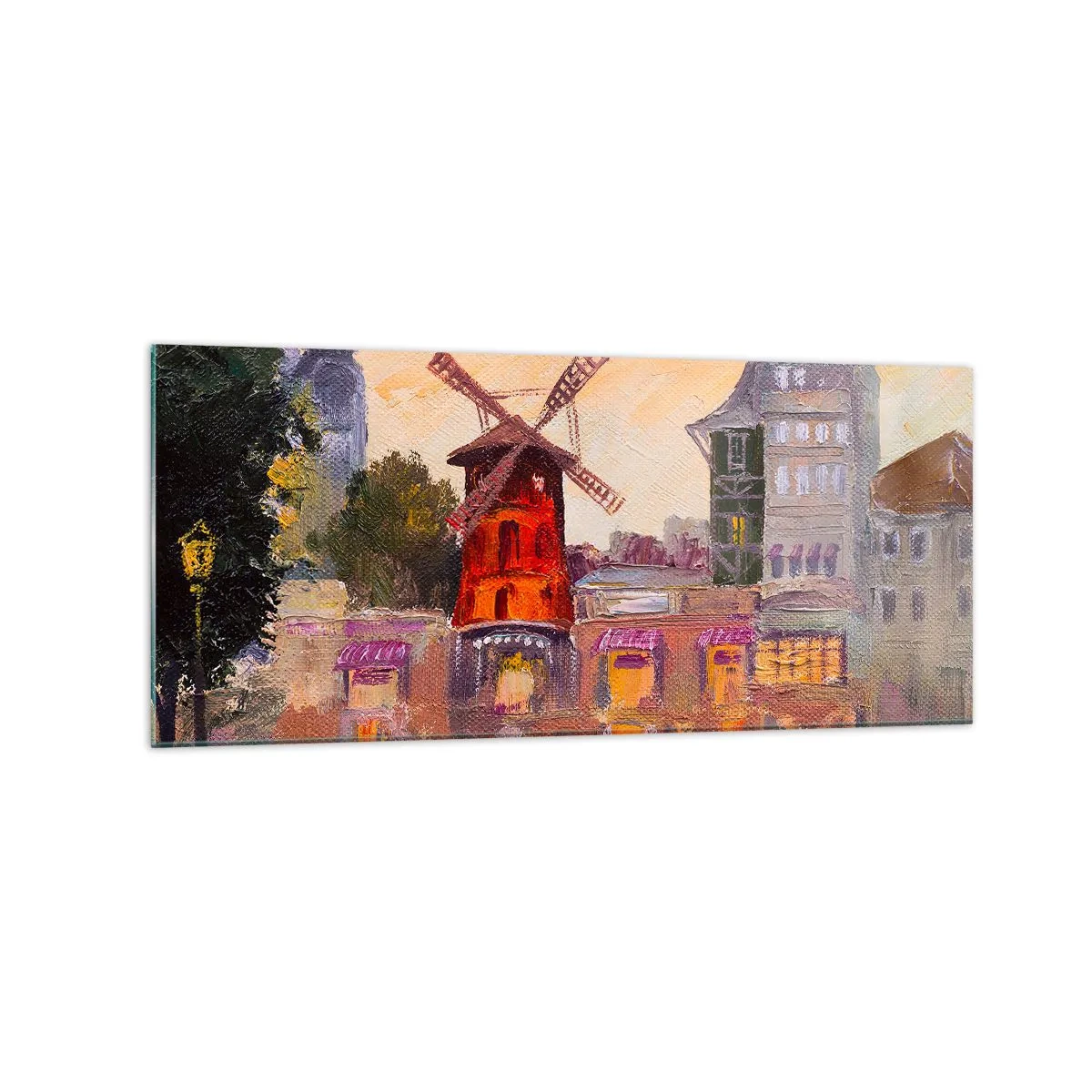 Obraz na szkle - Czerwony wiatrak Moulin Rouge otoczony miejskim pejzażem - 120x50cm - Paryskie ikony – Moulin Rouge - Nowoczesna dekoracja ścienna do salonu i sypialni ARTTOR