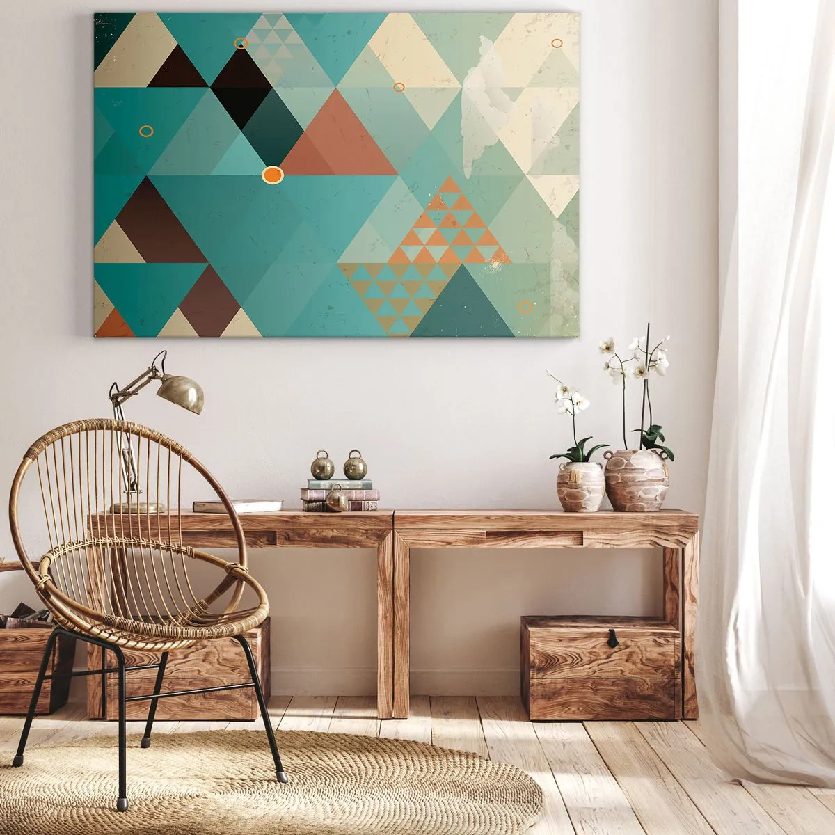Obraz na płótnie - Geometryczne wzory w odcieniach turkusu i brązu - 120x80cm - Jedność wielości, wielość jedności - Nowoczesna dekoracja ścienna do salonu, kuchni i sypialni ARTTOR