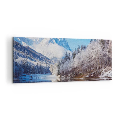 Obraz na płótnie - Zimowy krajobraz górski z ośnieżonymi drzewami i jeziorem - 120x50cm - Śnieżna straż - Nowoczesna dekoracja ścienna do salonu i sypialni ARTTOR