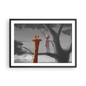 Plakat w czarnej ramie - Dziecko i żyrafa na gałęzi drzewa w bajkowym krajobrazie - 70x50cm - To się naprawdę dzieje - Nowoczesna dekoracja ścienna do salonu i sypialni ARTTOR