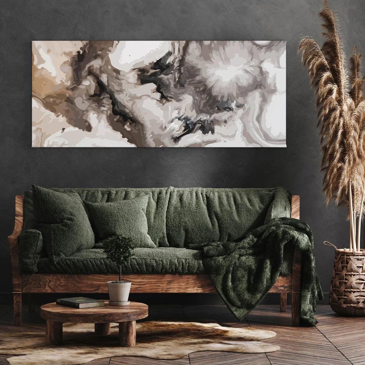 Obraz na płótnie - Abstrakcyjny wzór w odcieniach brązu i bieli - 140x50cm - Narodziny galaktyki - Nowoczesna dekoracja ścienna do salonu i sypialni ARTTOR