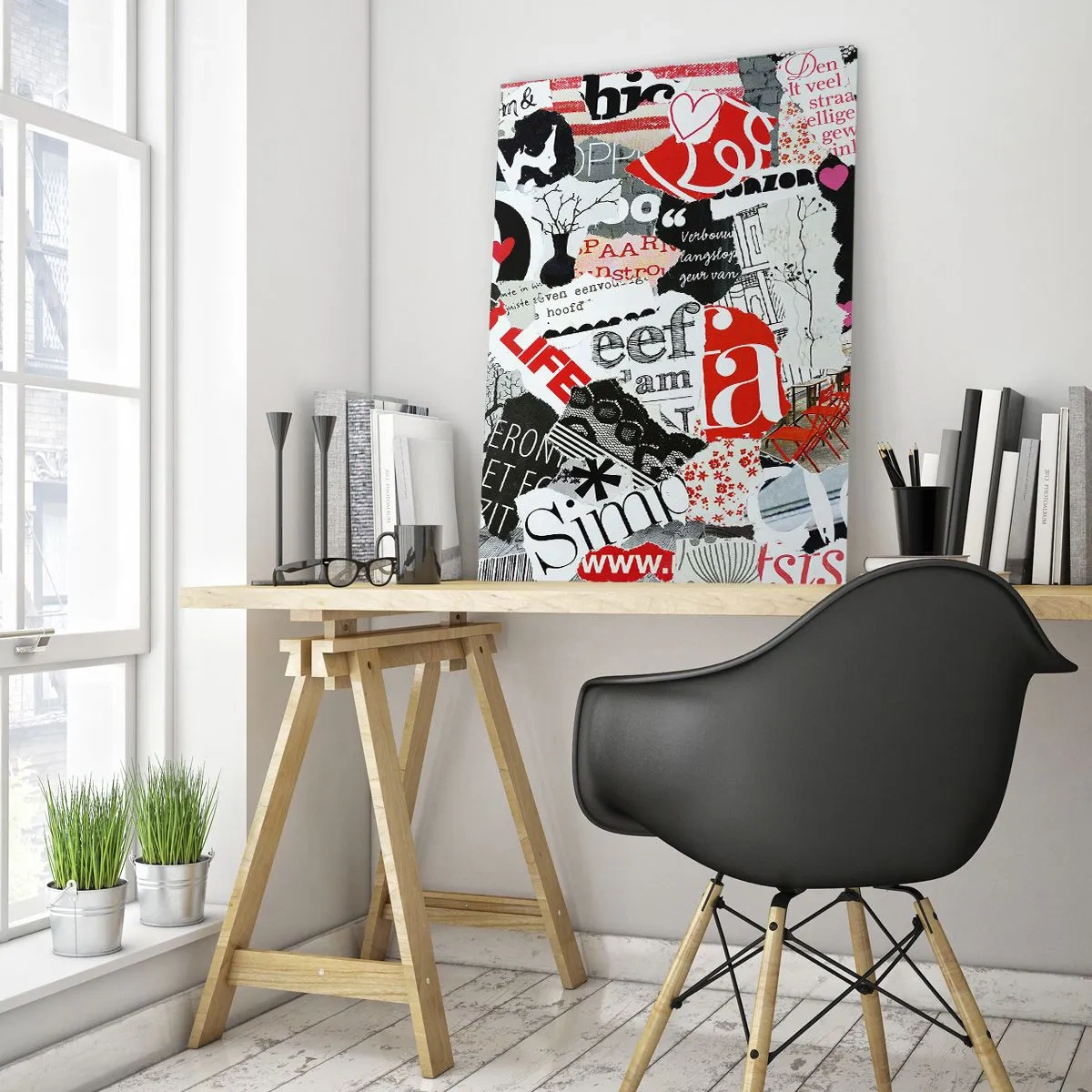 Obraz na szkle - Kolaż z liter, serc i drzew w stylu artystycznym - 50x70cm - Hipsterski kolaż - Nowoczesna dekoracja ścienna do salonu, kuchni i sypialni ARTTOR