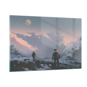 Obraz na szkle - Astronauci na obcej planecie z wrakiem statku w tle - 120x80cm - Pod nieznaną gwiazdą - Nowoczesna dekoracja ścienna do salonu, kuchni i sypialni ARTTOR