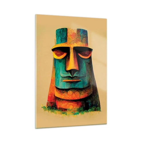 Obraz na szkle - Kolorowy portret inspirowany kamiennym posągiem na beżowym tle - 50x70cm - Posągowy, a sympatyczny - Nowoczesna dekoracja ścienna do salonu, kuchni i sypialni ARTTOR