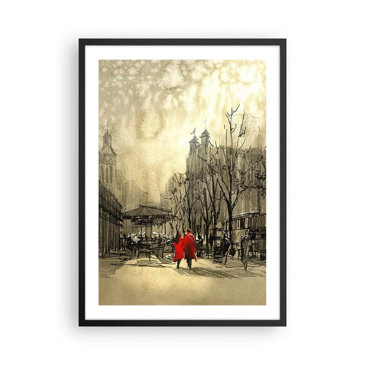 Plakat w czarnej ramie - Postać w czerwonym płaszczu na tle zimowego miasta - 50x70cm - Randka w londyńskiej mgle  - Nowoczesna dekoracja ścienna do salonu i sypialni ARTTOR