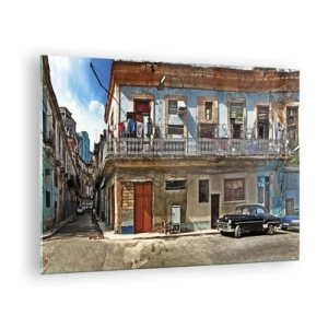 Obraz na szkle - Retro ulica z klasycznymi budynkami i samochodem - 70x50cm - Hawańskie klimaty - Nowoczesna dekoracja ścienna do salonu i sypialni ARTTOR
