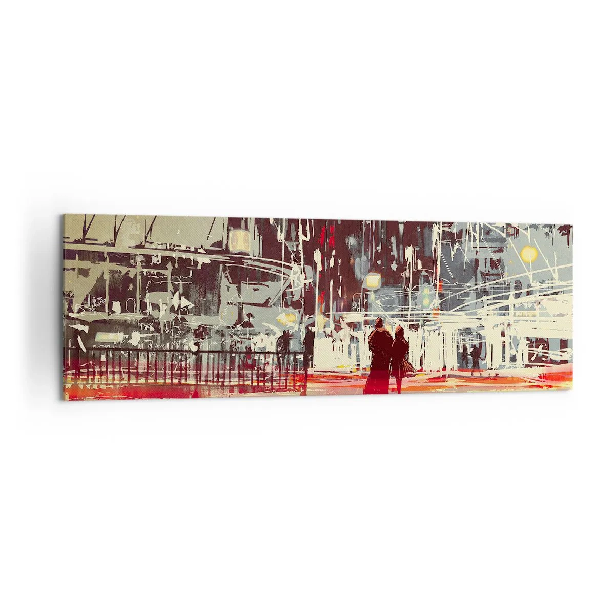 Obraz na płótnie - Miasto nocą z neonami i sylwetkami ludzi na ulicy - 160x50cm - Wielkomiejska przeprawa - Nowoczesna dekoracja ścienna do salonu i sypialni ARTTOR