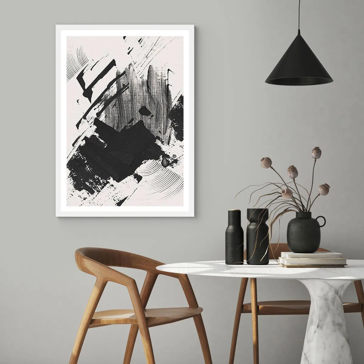 Plakat w białej ramie - Abstrakcja – ekspresja czerni - 61x91 cm
