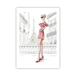 Plakat - Elegancka kobieta w różowej sukience na tle wieży Eiffla - 50x70cm - Sztuka mody - Nowoczesna dekoracja ścienna do salonu, kuchni i sypialni ARTTOR