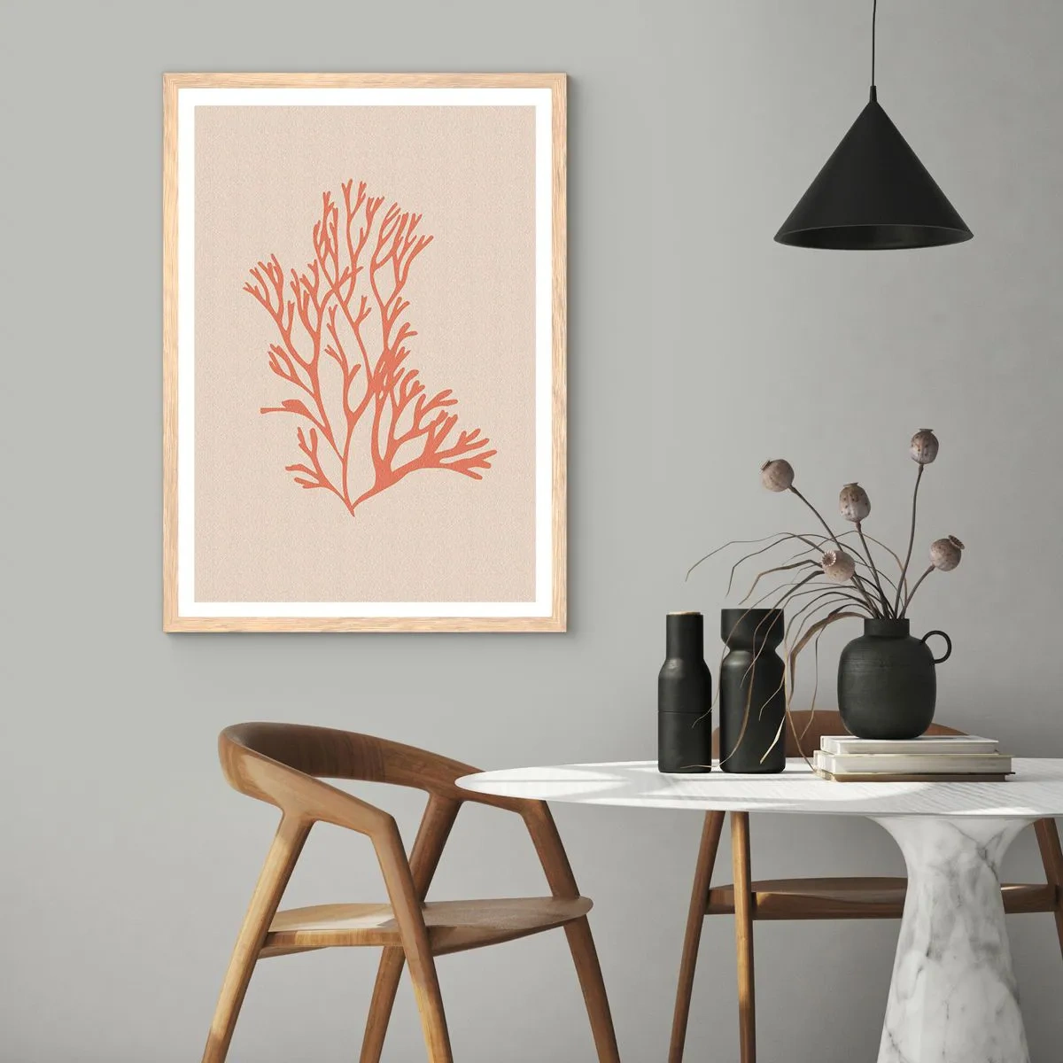 Plakat w ramie jasny dąb - Koralowy filigran - 61x91 cm
