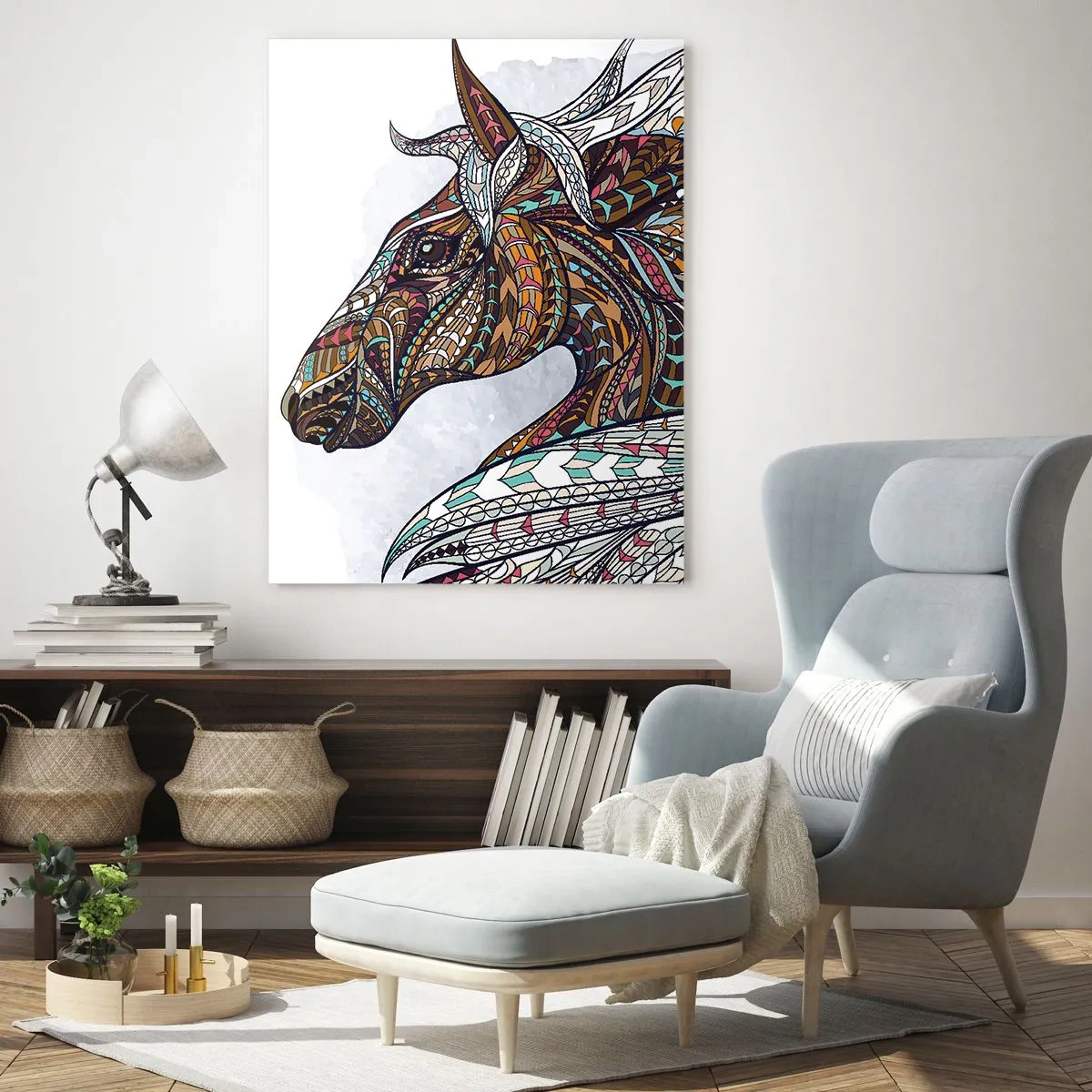 Obraz na szkle - Geometryczny koń z kolorową grzywą pełną detali - 80x120cm - Rumak celtyckiego wojownika - Nowoczesna dekoracja ścienna do salonu i sypialni ARTTOR