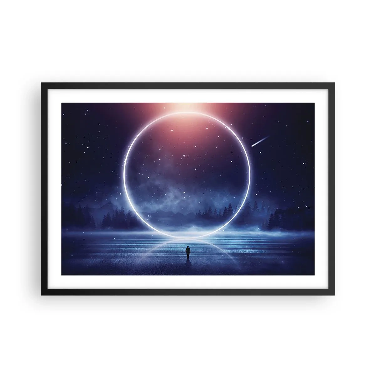 Plakat w czarnej ramie - Magiczny krajobraz z postacią i świetlistym kręgiem nocą - 70x50cm - Już tu są… - Nowoczesna dekoracja ścienna do salonu i sypialni ARTTOR
