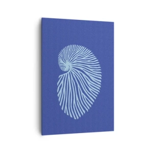 Obraz na płótnie - Minimalistyczna grafika muszli spiralnej w odcieniach błękitu na ciemnym tle - 70x100cm - Narodziny muszli - Nowoczesna dekoracja ścienna do salonu i sypialni ARTTOR