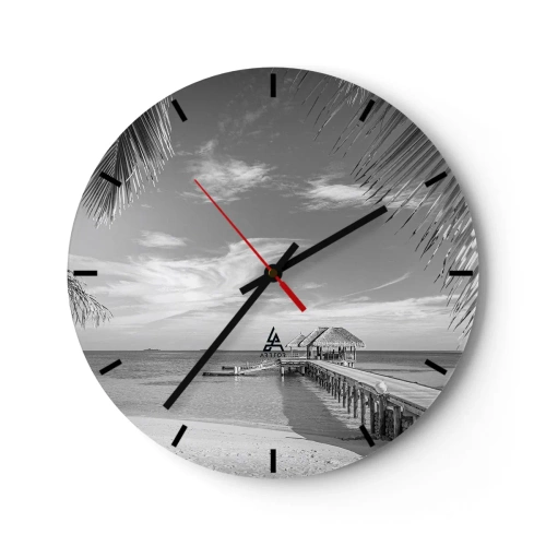 Zegar ścienny - Czarno-biały pomost z altaną na oceanie i palmami w kadrze - 30x30cm - Wspomnienie czy marzenie? - Nowoczesna dekoracja ścienna do salonu, kuchni i sypialni ARTTOR