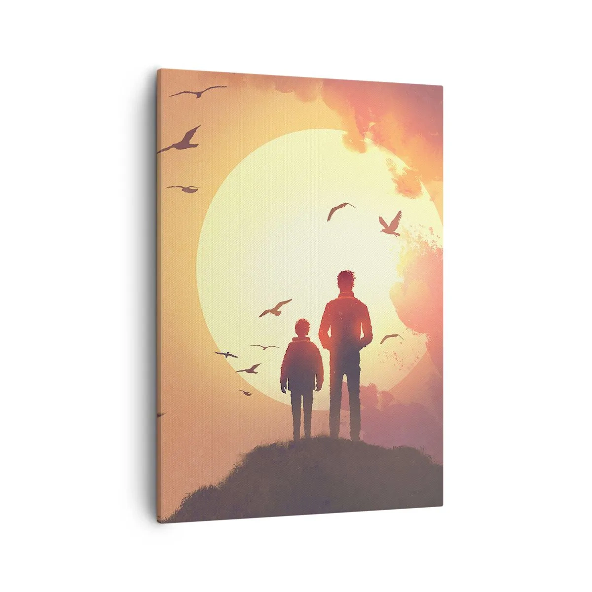 Obraz na płótnie - Sylwetki ojca i syna na wzgórzu oświetlone zachodzącym słońcem z lecącymi ptakami - 50x70cm - Ze słońcem twarzą w twarz - Nowoczesna dekoracja ścienna do salonu, kuchni i sypialni ARTTOR
