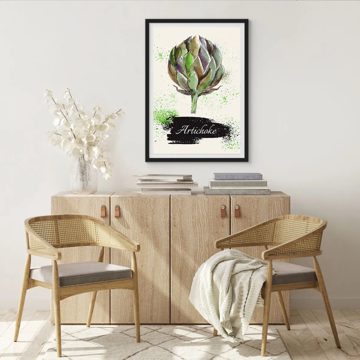 Plakat w czarnej ramie - Akwarelowa ilustracja karczocha na jasnym tle - 50x70cm - Eviva warzywa! - Nowoczesna dekoracja ścienna do salonu i sypialni ARTTOR