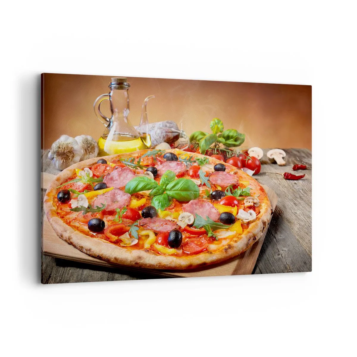 Obraz na płótnie - Apetyczna pizza na drewnianym stole z dodatkami - 120x80cm - Z prawdziwie włoskim smakiem - Nowoczesna dekoracja ścienna do salonu, kuchni i sypialni ARTTOR