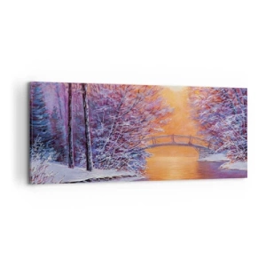 Obraz na płótnie - Zimowy krajobraz z mostkiem i zachodem słońca - 120x50cm - Spotkajmy się tu - Nowoczesna dekoracja ścienna do salonu i sypialni ARTTOR