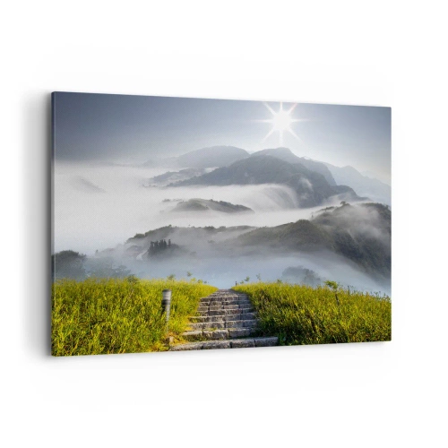 Obraz na płótnie - Kamienne schody prowadzące wśród gór spowitych mgłą o poranku - 100x70cm - Wciąż w górę ku chmurom - Nowoczesna dekoracja ścienna do salonu, kuchni i sypialni ARTTOR