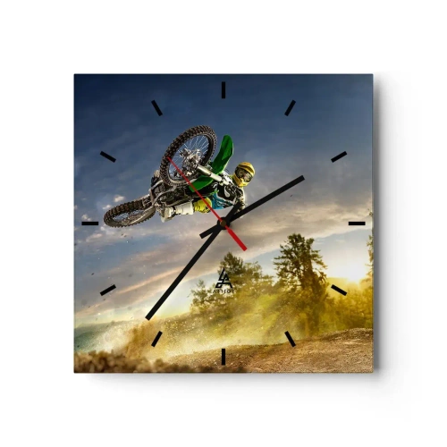 Zegar ścienny - Motocyklista w dynamicznym skoku - 30x30cm - Włącz emocje! - Nowoczesna dekoracja ścienna do salonu i sypialni ARTTOR