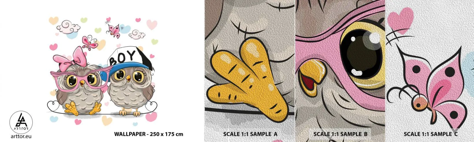 Fototapeta Próbka Premium Sand - Kochajmy się! - Dla Dzieci, Sowa, Motyl - 100x30 cm