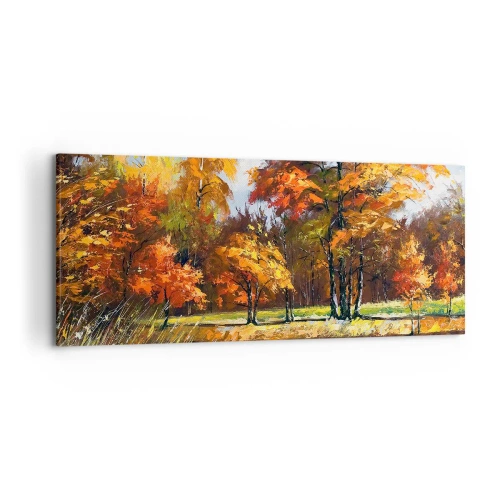 Obraz na płótnie - Jesienny pejzaż z kolorowymi drzewami i stawem - 120x50cm - Pejzaż w złocie i brązie - Nowoczesna dekoracja ścienna do salonu i sypialni ARTTOR