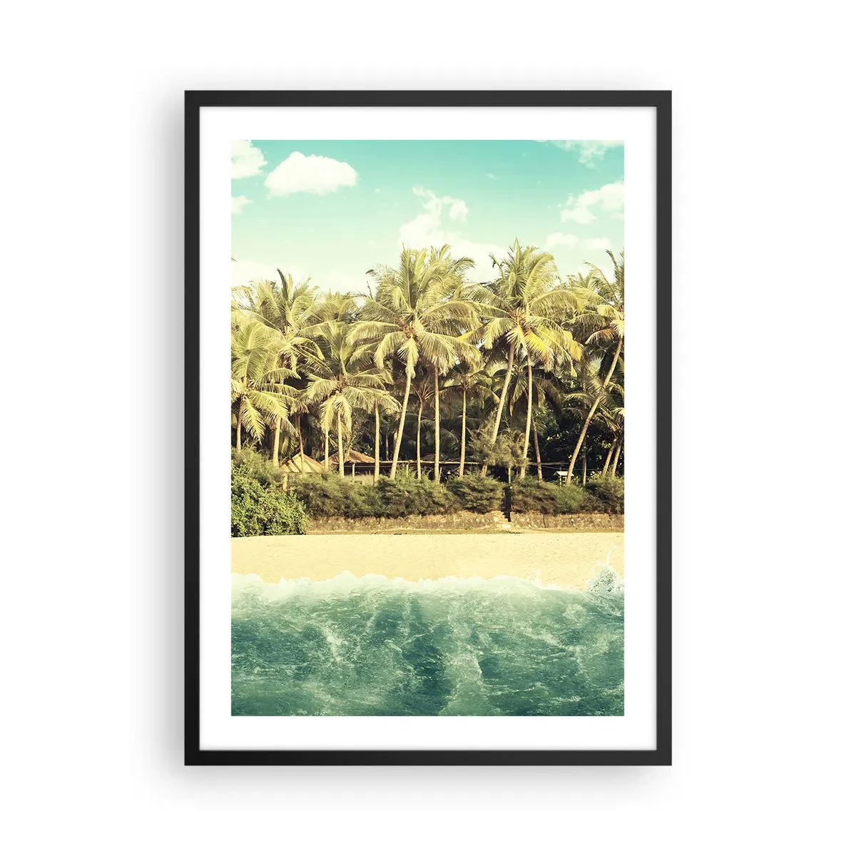 Plakat w czarnej ramie - Tropikalna plaża z palmami i lazurową wodą - 50x70cm - A może tutaj? - Nowoczesna dekoracja ścienna do salonu i sypialni ARTTOR