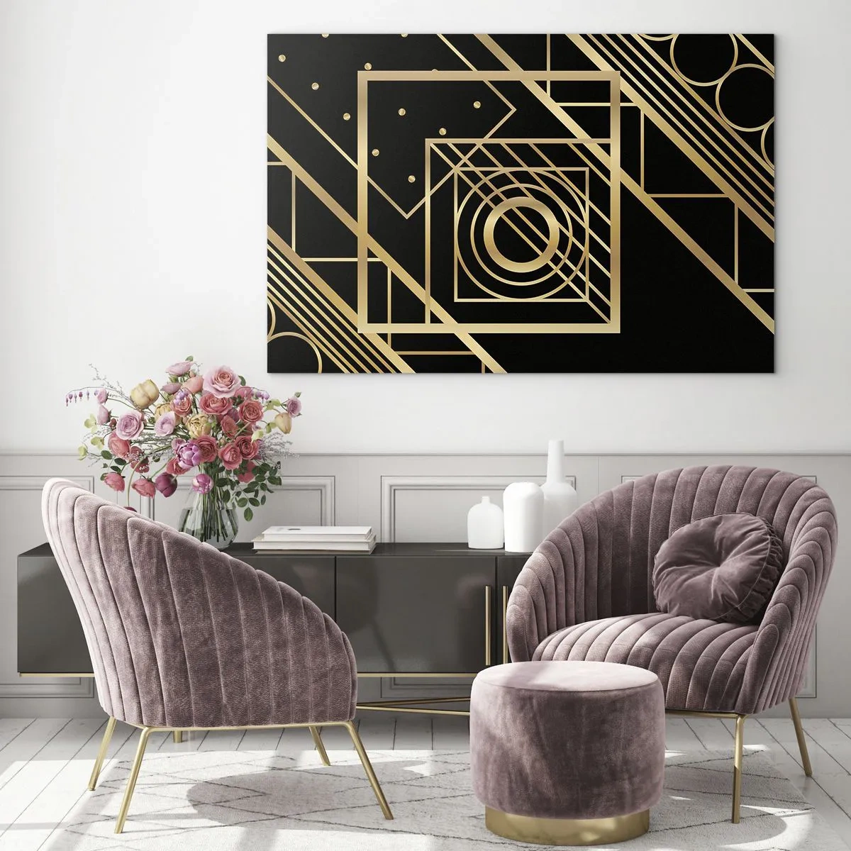 Obraz na szkle - Złote geometryczne wzory na czarnym tle - 70x50cm - Złota geometria - Nowoczesna dekoracja ścienna do salonu i sypialni ARTTOR