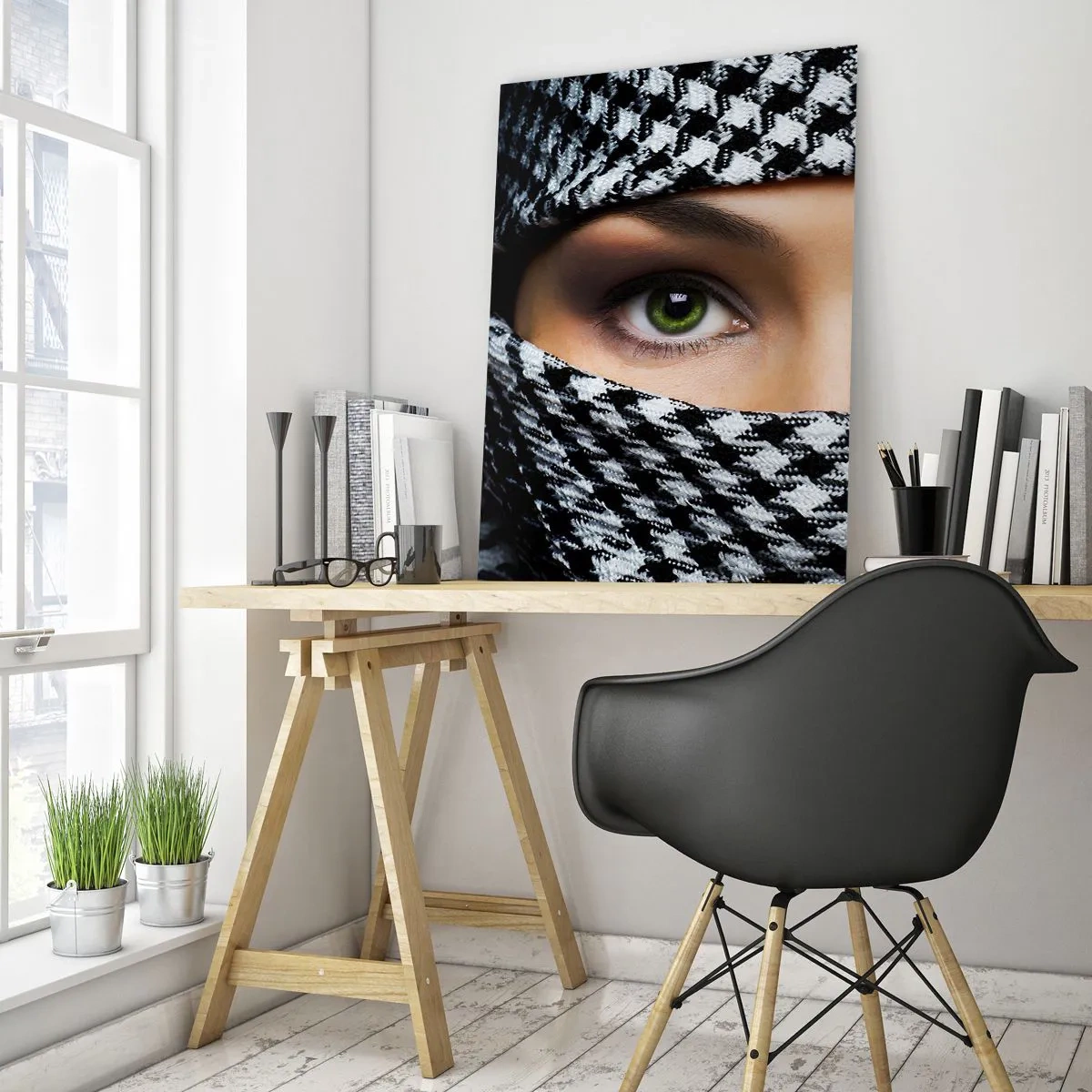 Obraz na szkle - Zielone oczy otoczone czarno-białym wzorem - 50x70cm - Portret zakwefionej zielonookiej piękności - Nowoczesna dekoracja ścienna do salonu, kuchni i sypialni ARTTOR