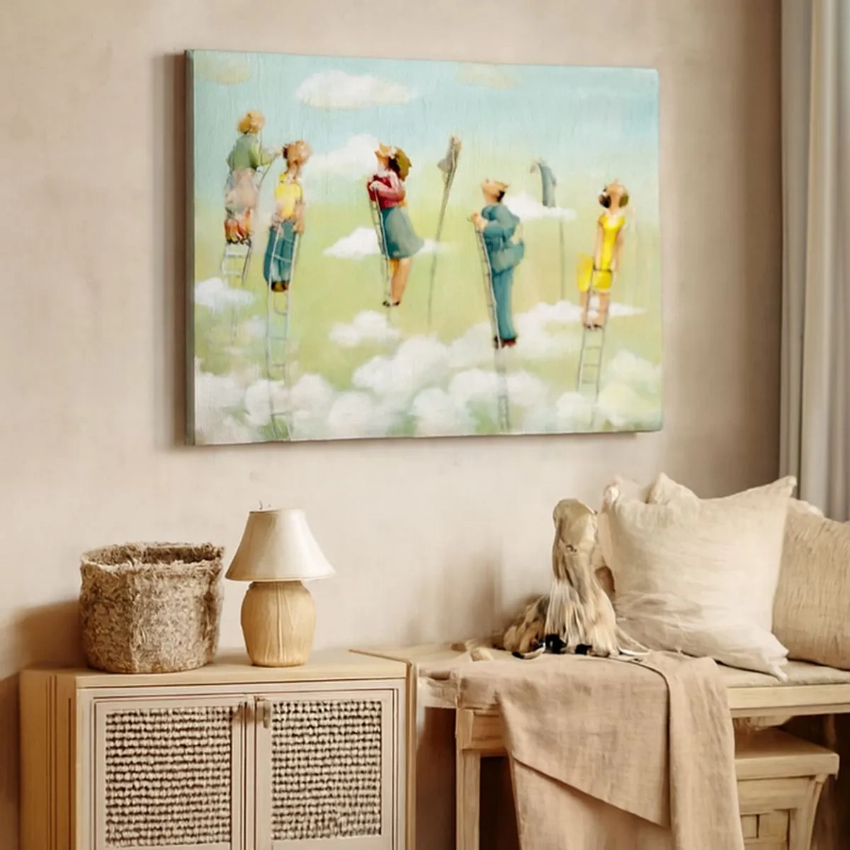 Obraz na płótnie - Postacie wspinające się po drabinach wśród chmur na pastelowym tle - 70x50cm - Za swoim marzeniem - Nowoczesna dekoracja ścienna do salonu i sypialni ARTTOR