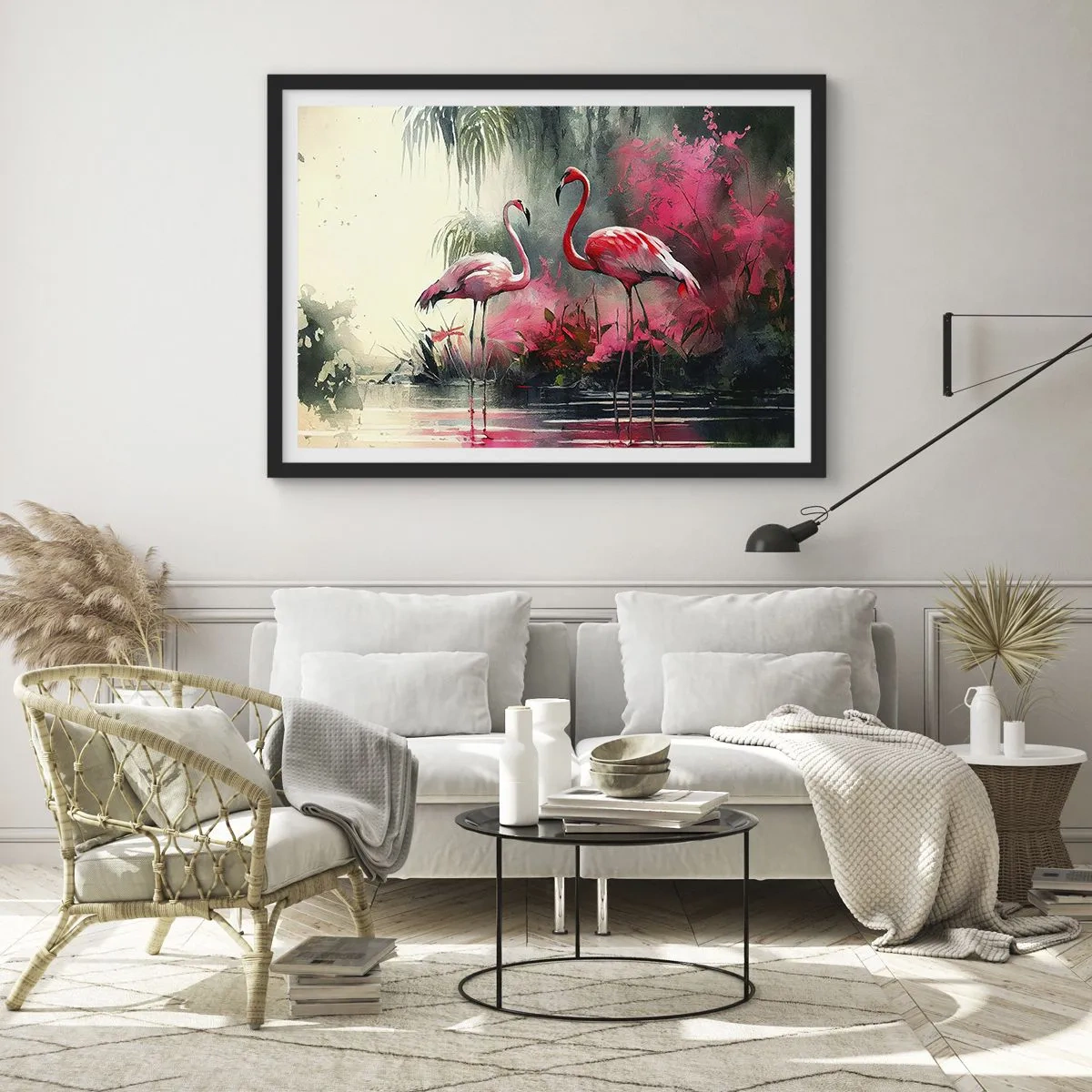 Plakat w czarnej ramie - Flamingi nad wodą w otoczeniu roślinności - 70x50cm - Lekcja naturalnego wdzięku - Nowoczesna dekoracja ścienna do salonu i sypialni ARTTOR